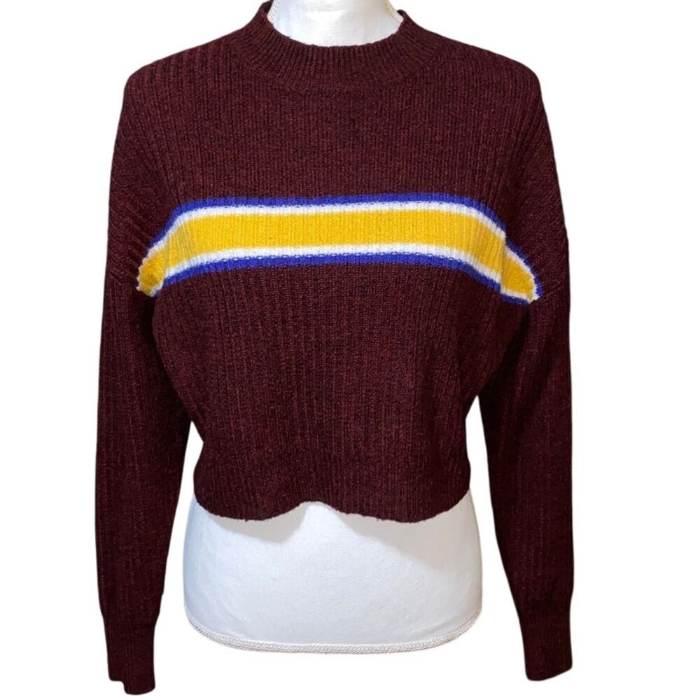 Varsity Striped Crop Sweater Preppy Size M Burgundy Yellow Blue School Pullover